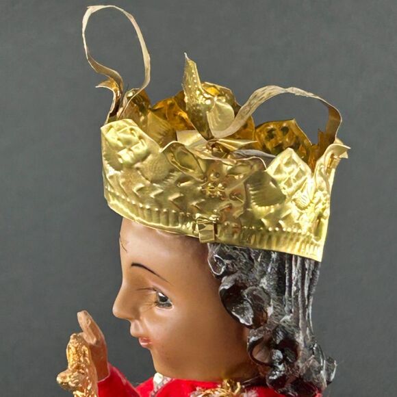 Child Jesus, The Santo Nino de Cebu Painted Wood & Flocked Cape Catholic VTG - Picture 13 of 13